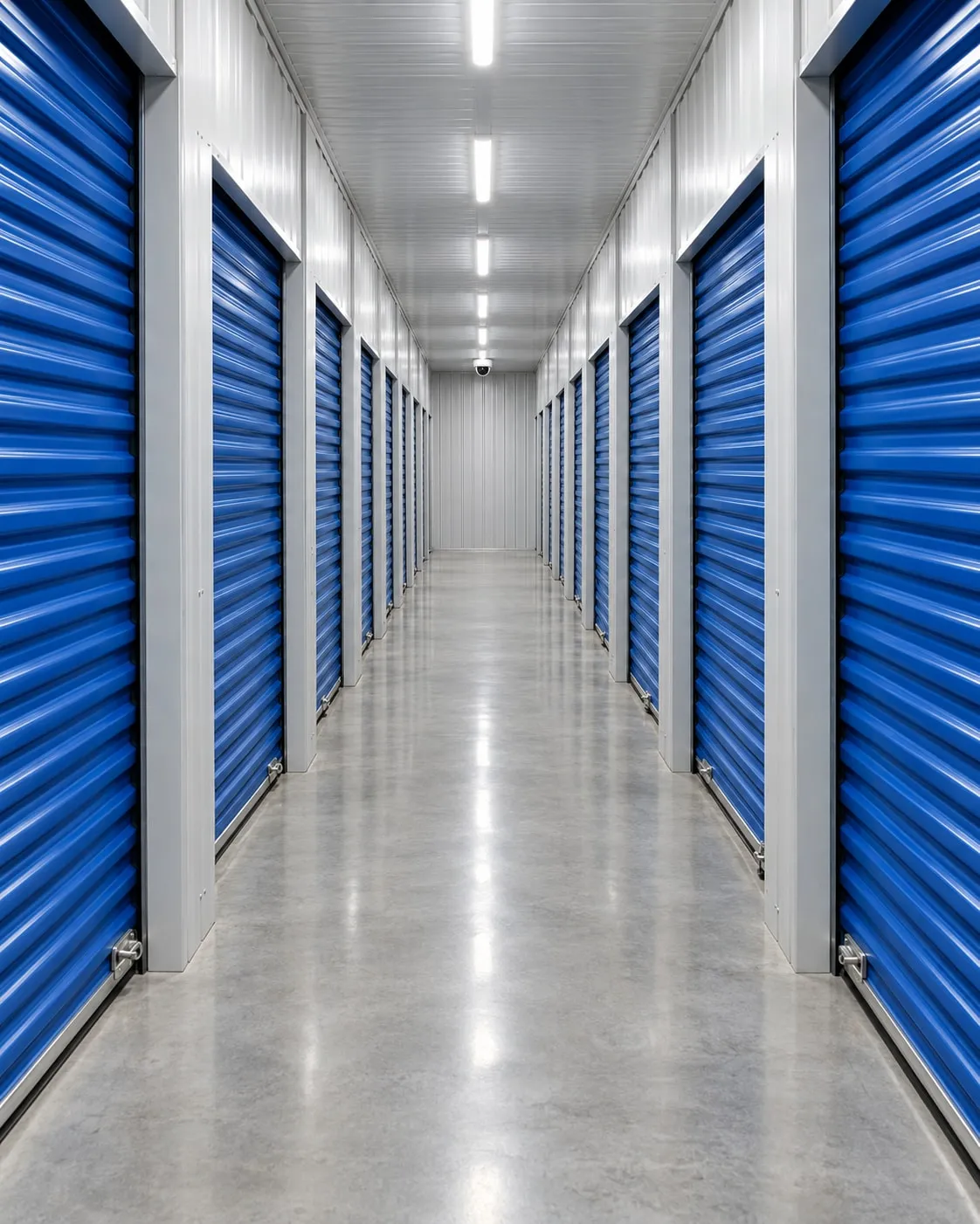A corridor of blue roll-up storage doors under bright lighting