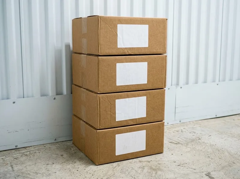 Labelled moving boxes stacked inside a box