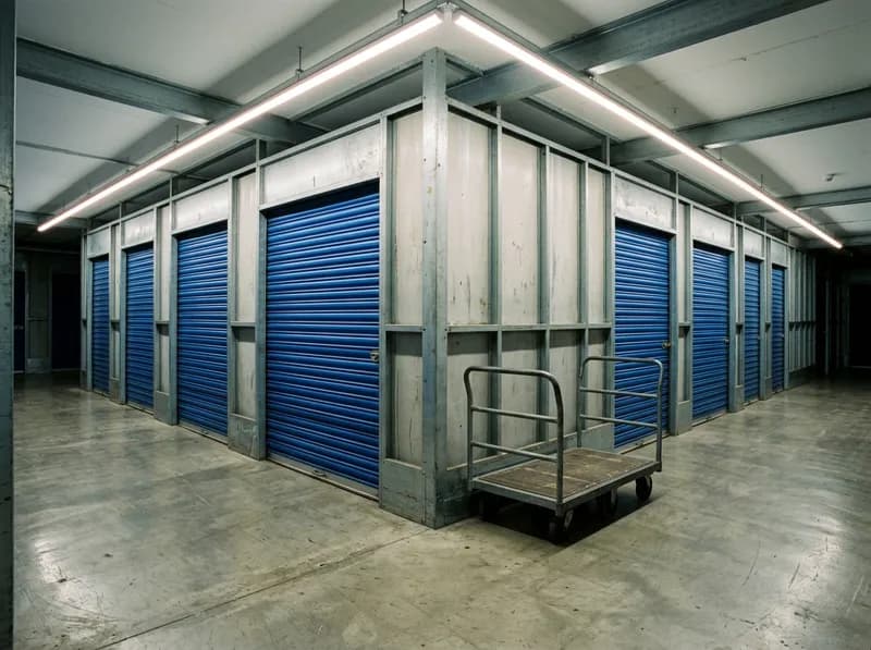 Corridor of blue roll-up doors