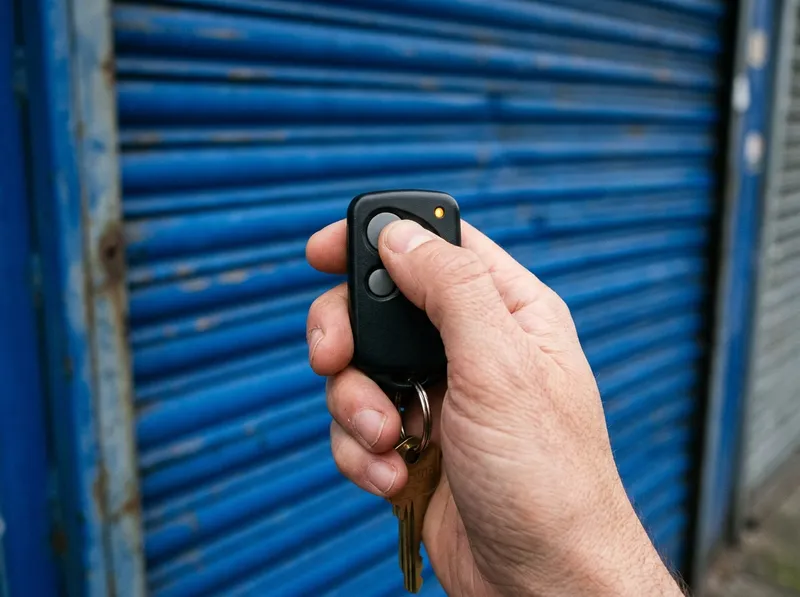 A small access remote in a hand in front of a door