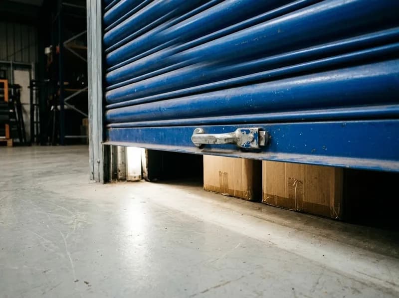 A roll-up door half open on a storage box