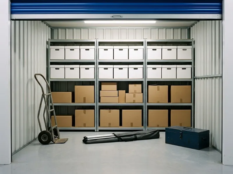 Metal shelving with archive boxes and product cartons in a storage box